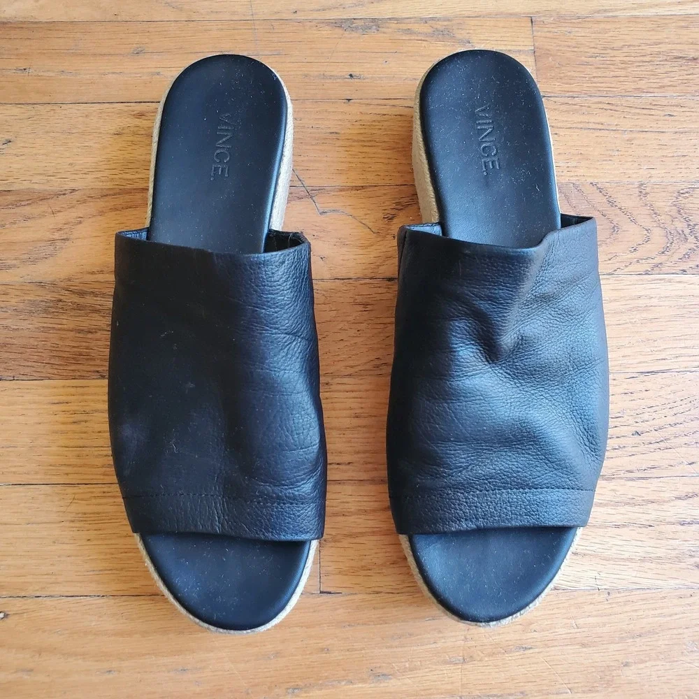 Vince Solana‎ Black Leather Platform Espadrille 9M Open Toe Slide On Minimalist